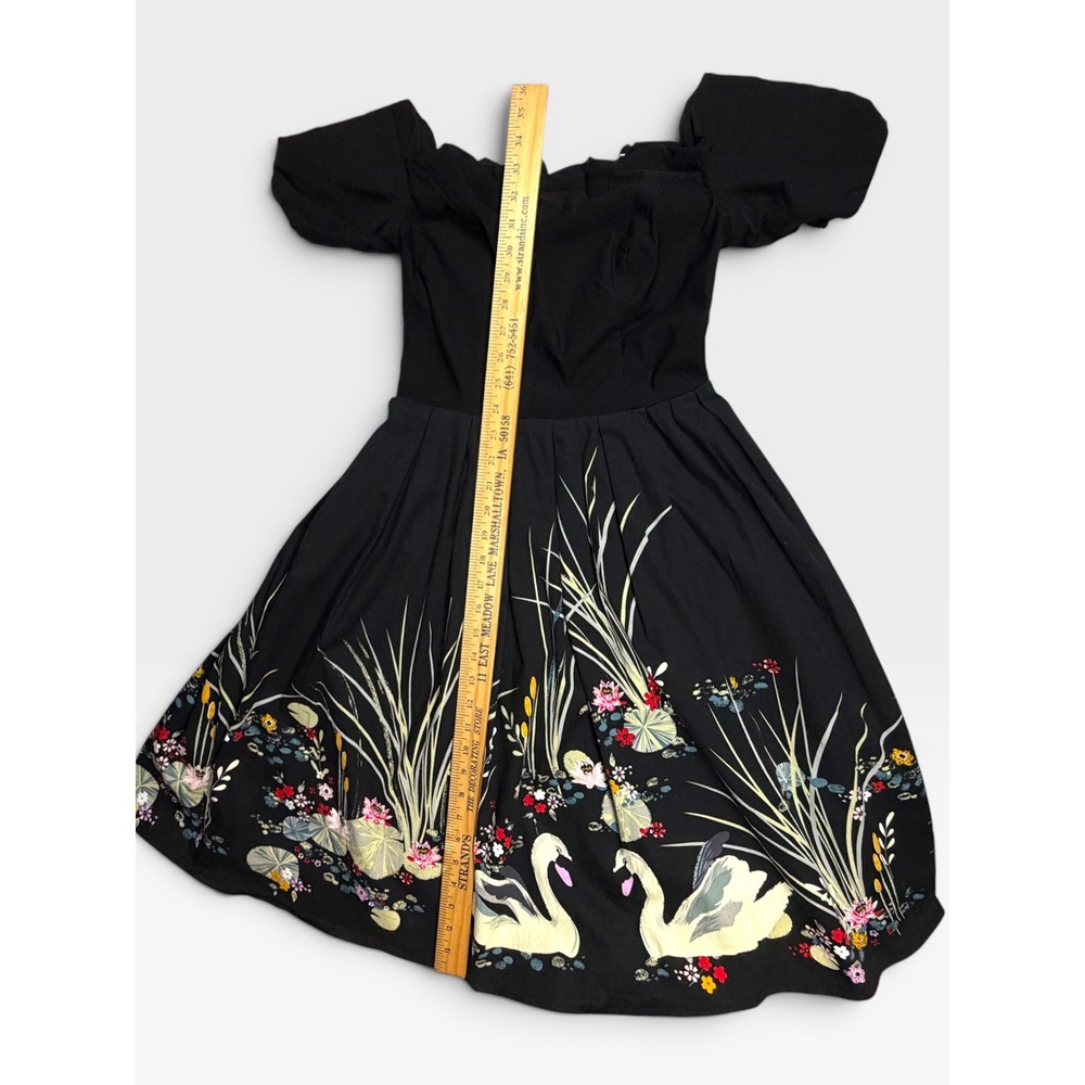 Belle Poque Black Swan Floral Print Off Shoulder Retro Swing Dress Womens M Hoco - Picture 5 of 15
